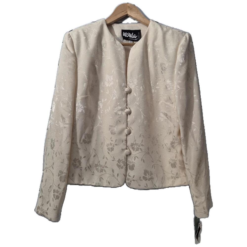 Ursula Of Switzerland Vintage Ladies Cream Color Collarless Blazer Jacquard